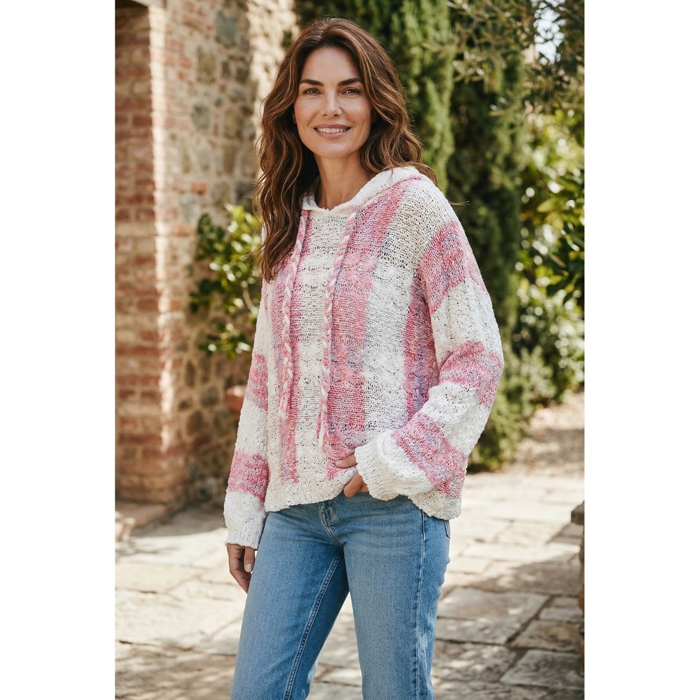 NWOT POL Pink Purple Striped Open Knit Hooded Sweater Womens Large Boho Crochet